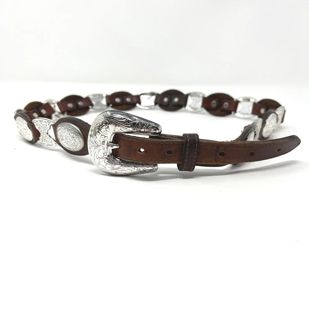 Vinntage Tony Lama USA 5297LWestern Brown Leather Silver Concho Belt Size 34 - Picture 1 of 13